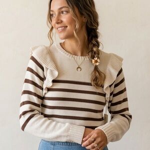 Cleobella Cream Brown Striped Ruffle Crewneck Sweater New Size Large